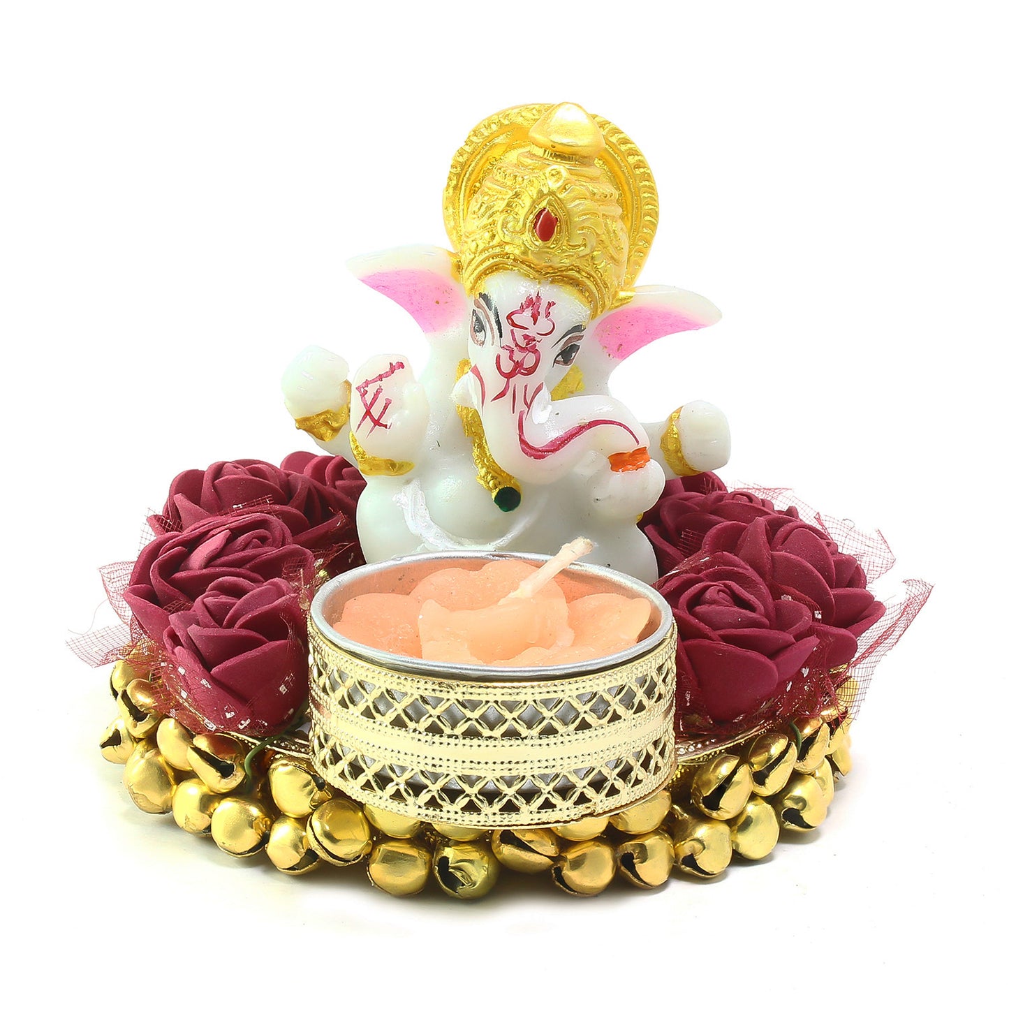 Lord Ganesha Idol on Decorative Plate with Light Holder